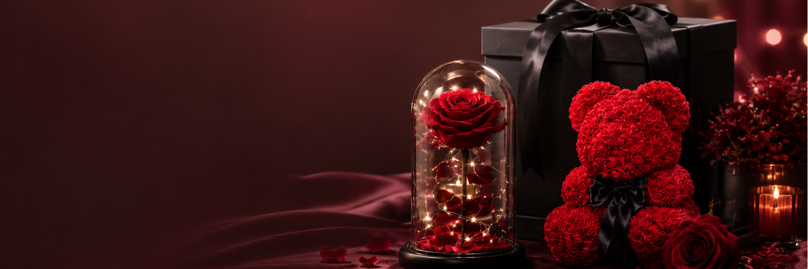Decorative setup with red roses in a glass dome and teddy bear on a dark background