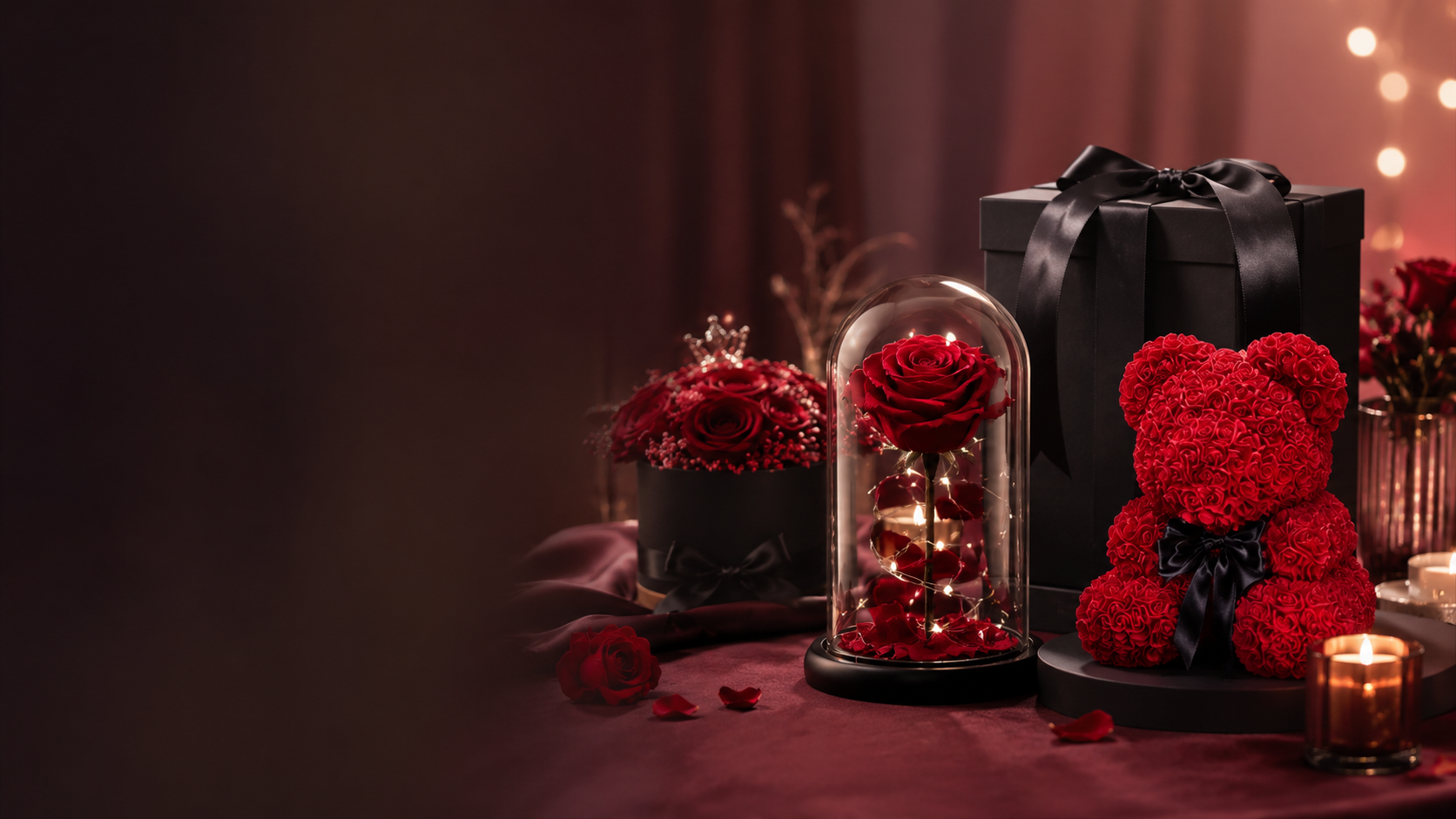 Decorative setup with red roses under a glass dome, a red teddy bear, and a gift box on a dark background.